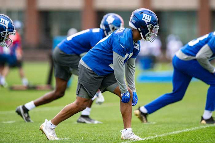 May 13, 2022; East Rutherford, NJ, USA; New York Giants wide receiver Wan'Dale Robinson (17) practices a drill during rookie camp at Quest Diagnostics Training Center.